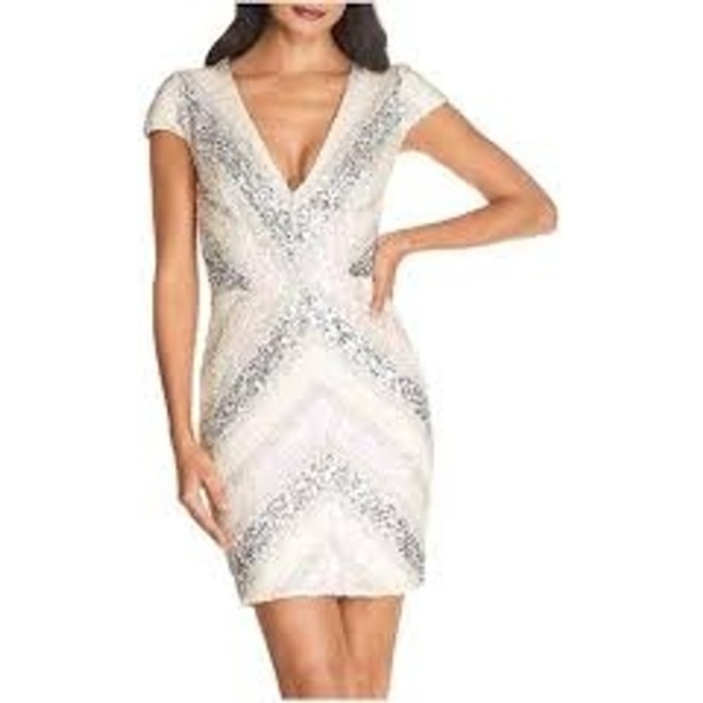 Dress The Population Womens Dress XS Cream Silver Sequin Chevron Bodycon Mini